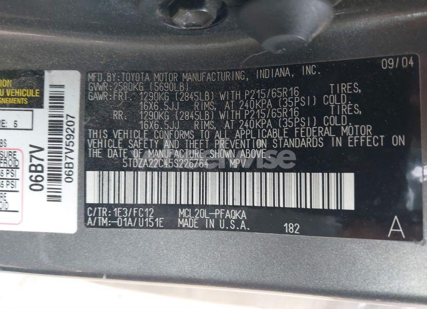 Photo 9 of 2005 Toyota Sienna XLE (VIN 5TDZA22C45S226764)
