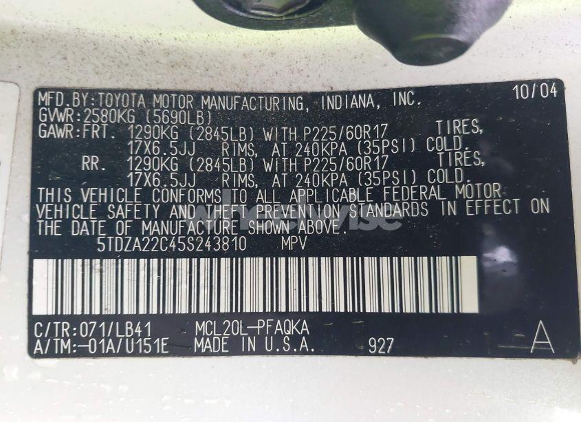 Photo 9 of 2005 Toyota Sienna XLE (VIN 5TDZA22C45S243810)