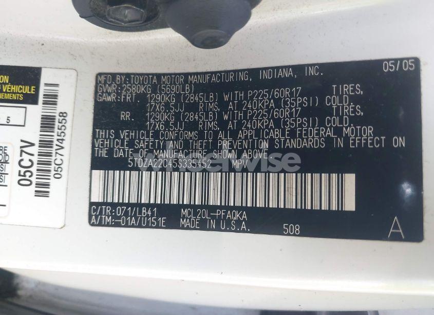 Photo 9 of 2005 Toyota Sienna XLE (VIN 5TDZA22C45S335452)