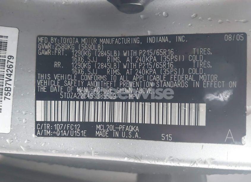 Photo 9 of 2005 Toyota Sienna XLE (VIN 5TDZA22C45S385509)
