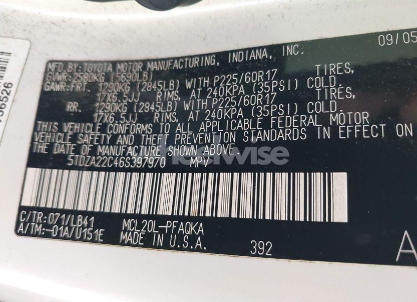 Photo 9 of 2006 Toyota Sienna XLE (VIN 5TDZA22C46S397970)