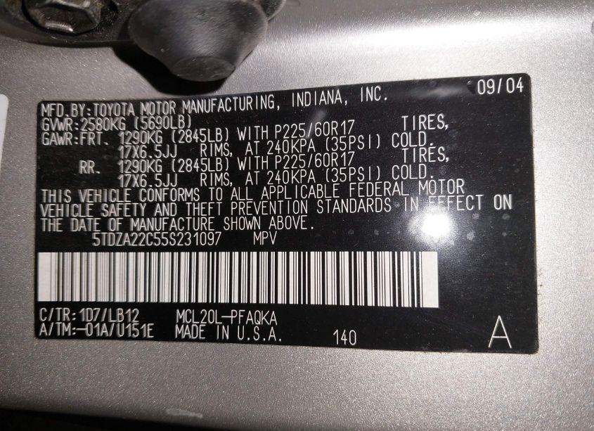 Photo 9 of 2005 Toyota Sienna XLE (VIN 5TDZA22C55S231097)