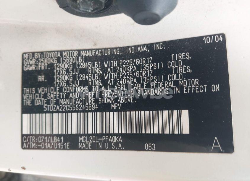 Photo 9 of 2005 Toyota Sienna XLE (VIN 5TDZA22C55S245694)