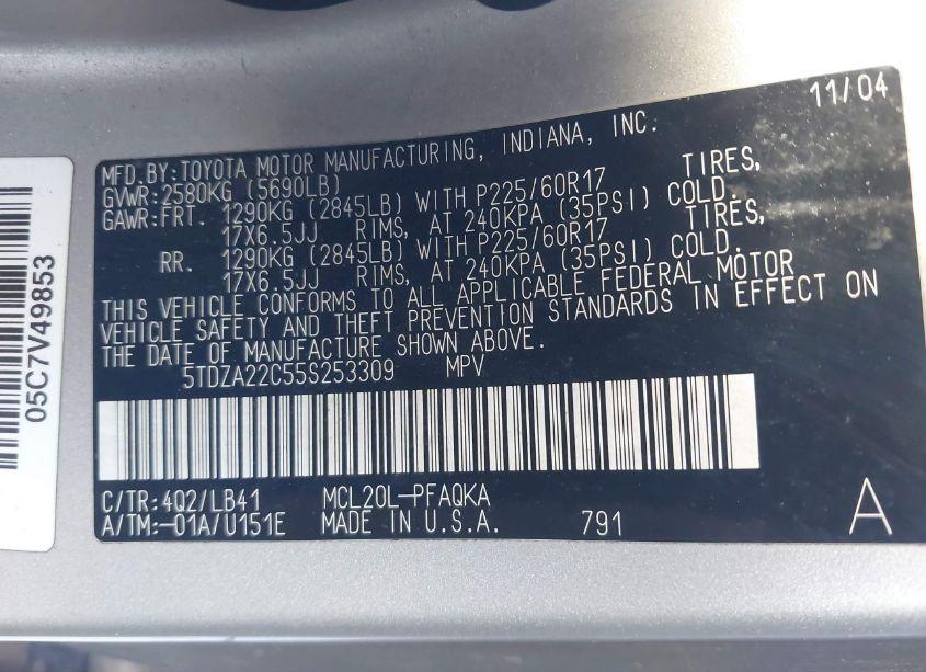 Photo 9 of 2005 Toyota Sienna XLE LIMITED (VIN 5TDZA22C55S253309)