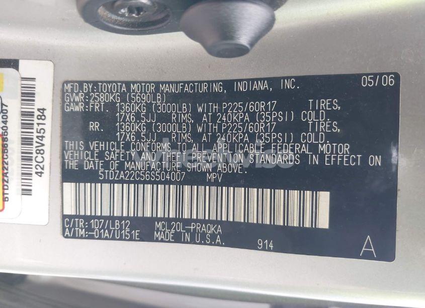 Photo 9 of 2006 Toyota Sienna (VIN 5TDZA22C56S504007)