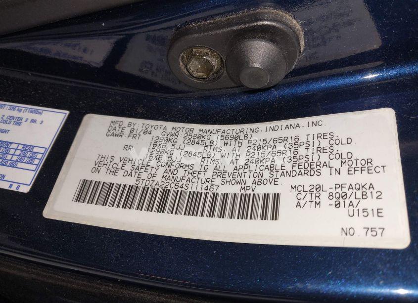 Photo 9 of 2004 Toyota Sienna XLE (VIN 5TDZA22C64S111467)