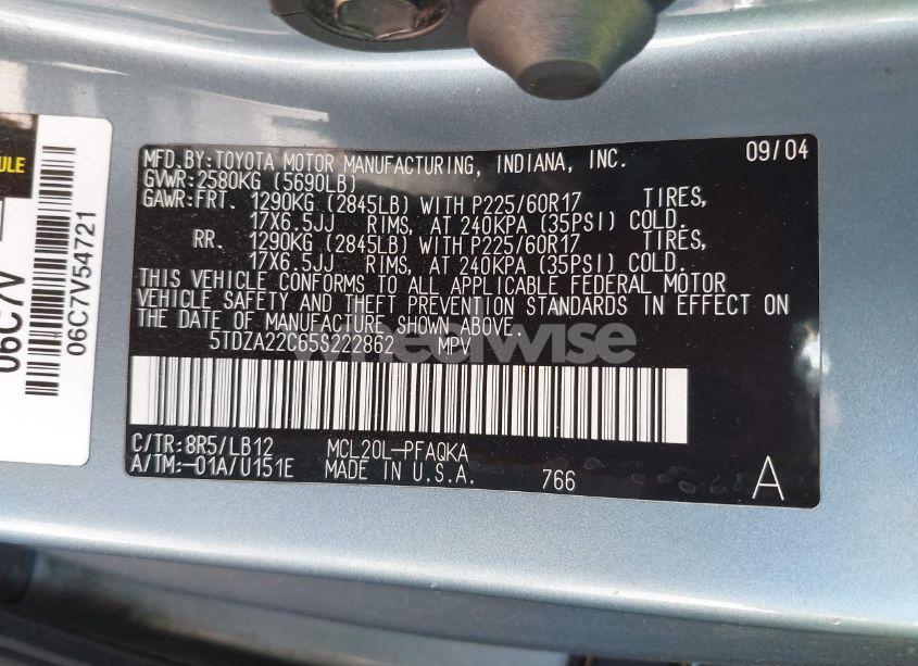 Photo 9 of 2005 Toyota Sienna XLE (VIN 5TDZA22C65S222862)