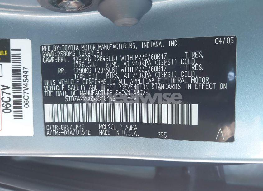 Photo 9 of 2005 Toyota Sienna XLE (VIN 5TDZA22C65S318149)