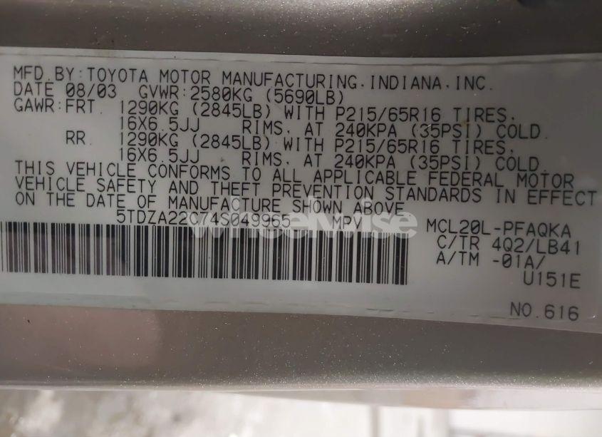 Photo 9 of 2004 Toyota Sienna XLE (VIN 5TDZA22C74S049965)