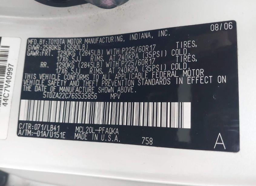 Photo 9 of 2006 Toyota Sienna XLE LIMITED (VIN 5TDZA22C76S535856)
