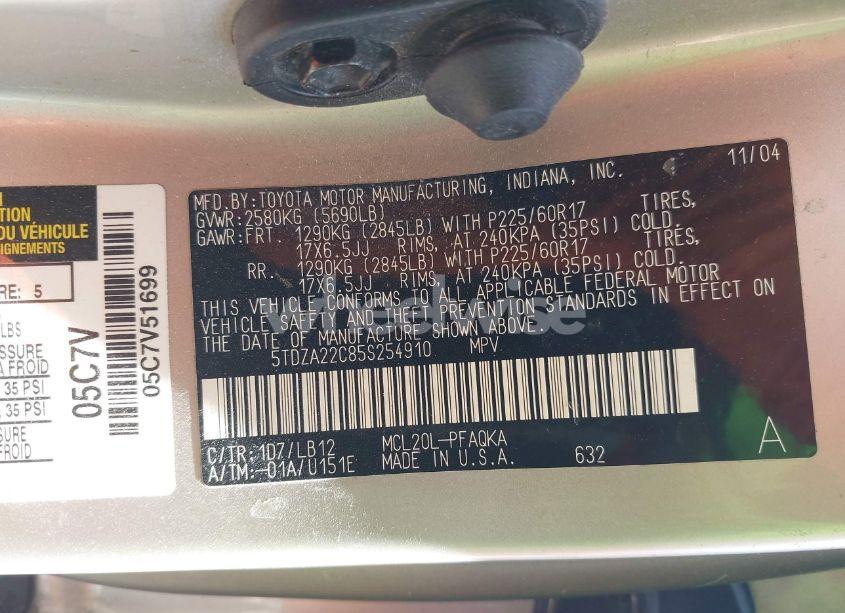 Photo 9 of 2005 Toyota Sienna XLE (VIN 5TDZA22C85S254910)