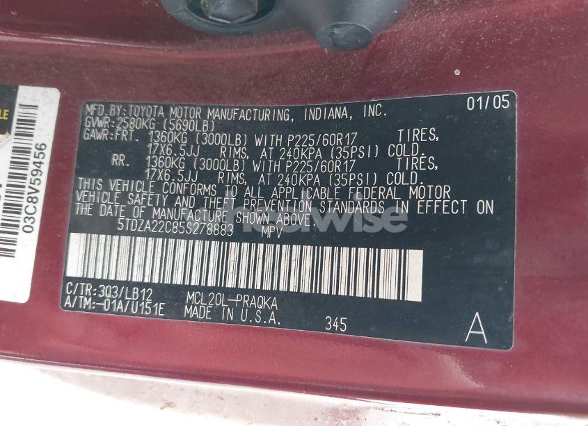 Photo 9 of 2005 Toyota Sienna XLE (VIN 5TDZA22C85S278883)