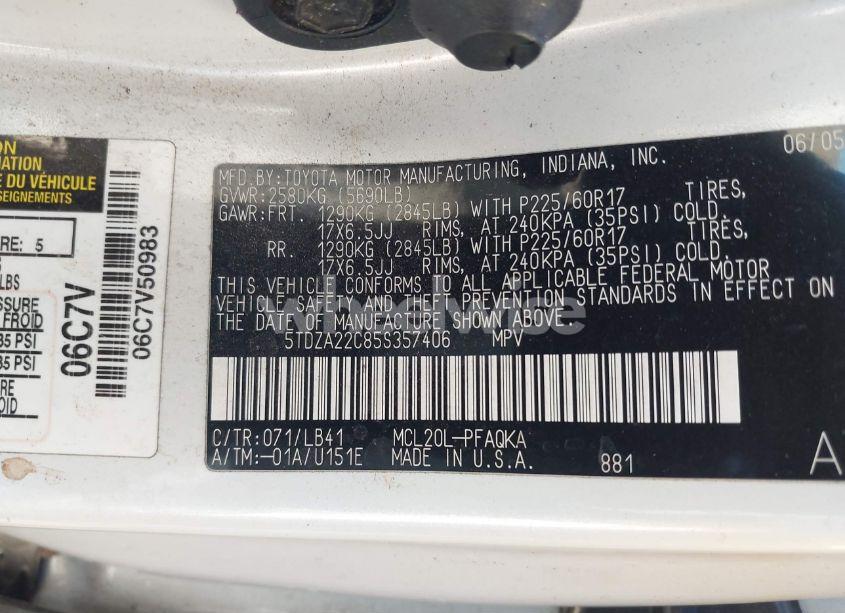 Photo 9 of 2005 Toyota Sienna XLE (VIN 5TDZA22C85S357406)