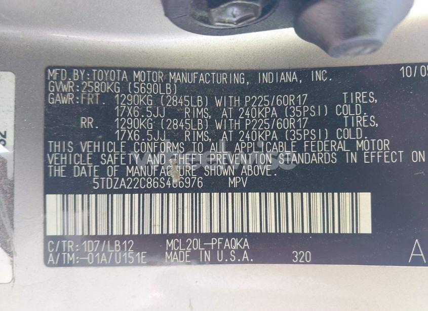 Photo 9 of 2006 Toyota Sienna XLE (VIN 5TDZA22C86S406976)