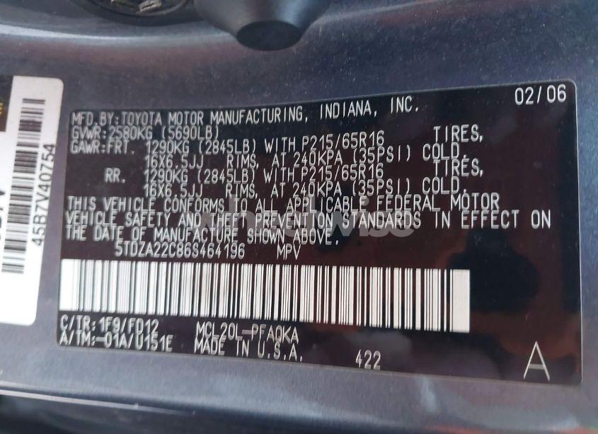 Photo 9 of 2006 Toyota Sienna XLE (VIN 5TDZA22C86S464196)