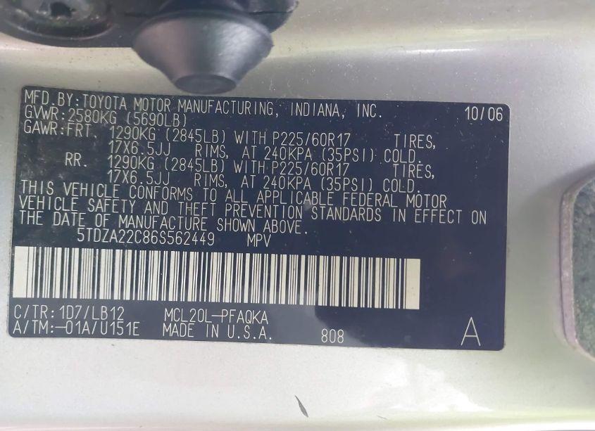Photo 9 of 2006 Toyota Sienna XLE LIMITED (VIN 5TDZA22C86S562449)