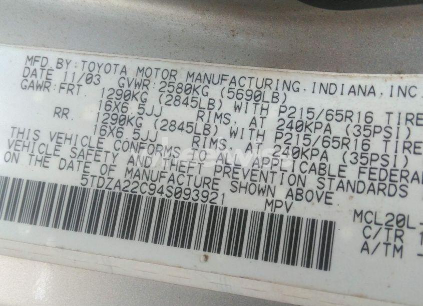 Photo 9 of 2004 Toyota Sienna XLE (VIN 5TDZA22C94S093921)