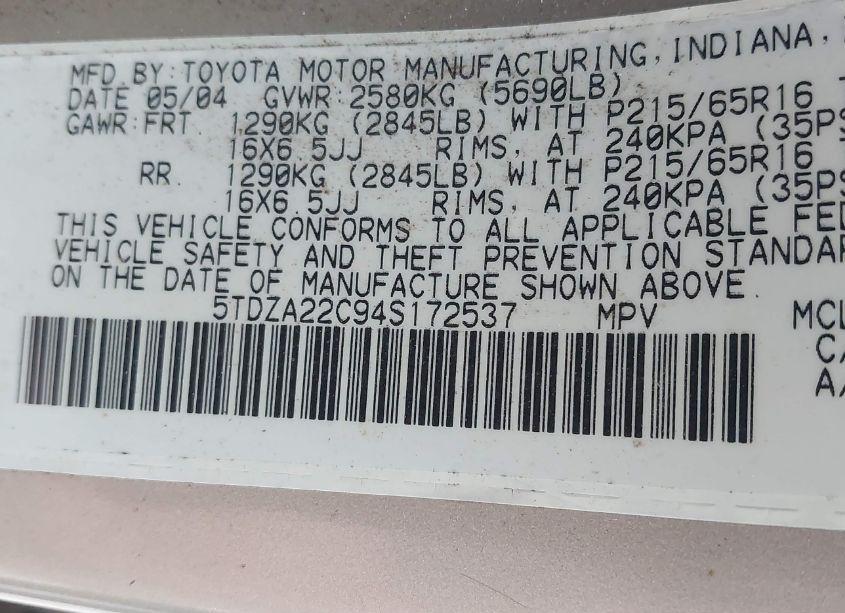 Photo 9 of 2004 Toyota Sienna XLE (VIN 5TDZA22C94S172537)