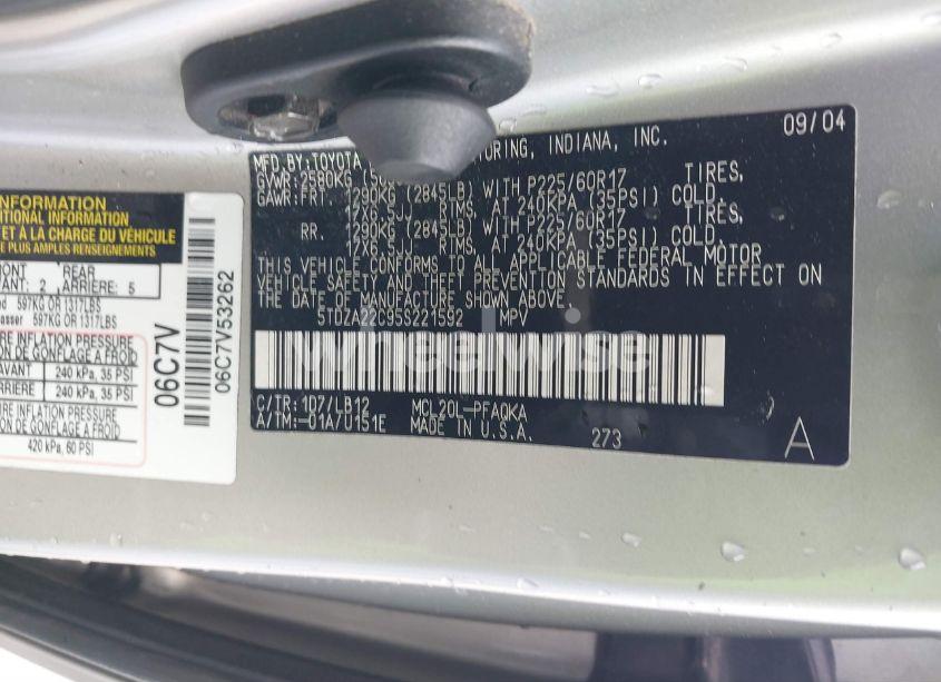 Photo 9 of 2005 Toyota Sienna XLE (VIN 5TDZA22C95S221592)
