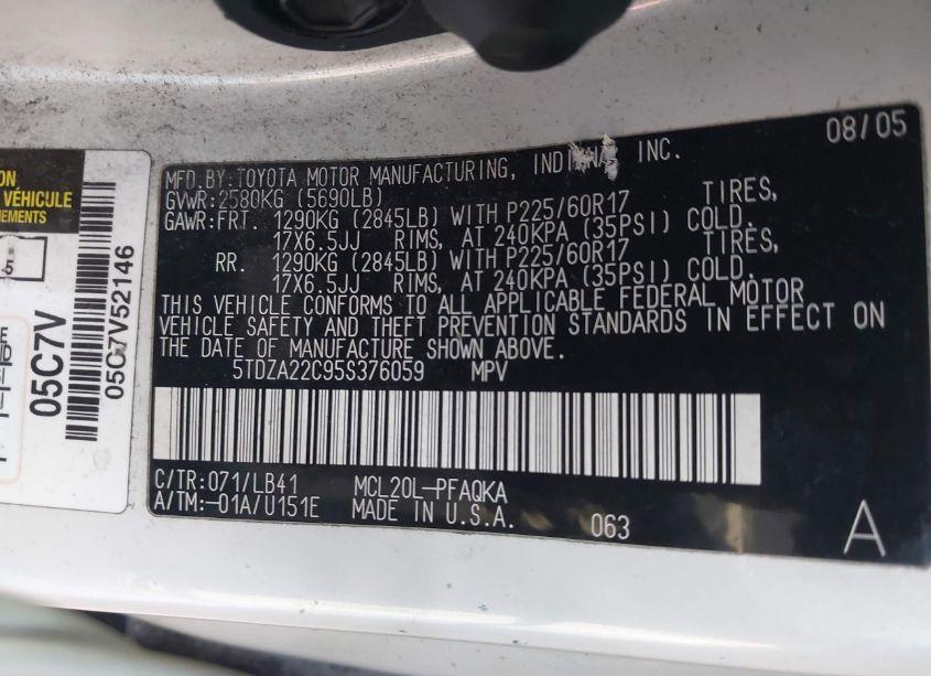 Photo 9 of 2005 Toyota Sienna XLE (VIN 5TDZA22C95S376059)