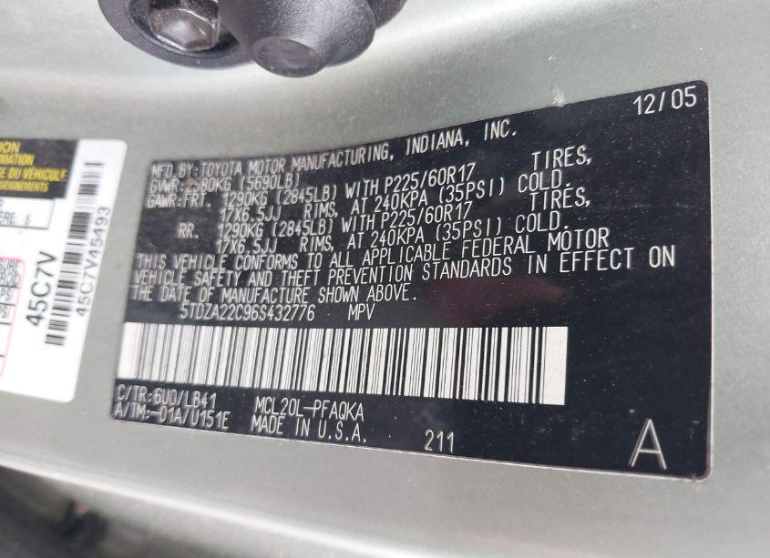 Photo 9 of 2006 Toyota Sienna XLE (VIN 5TDZA22C96S432776)