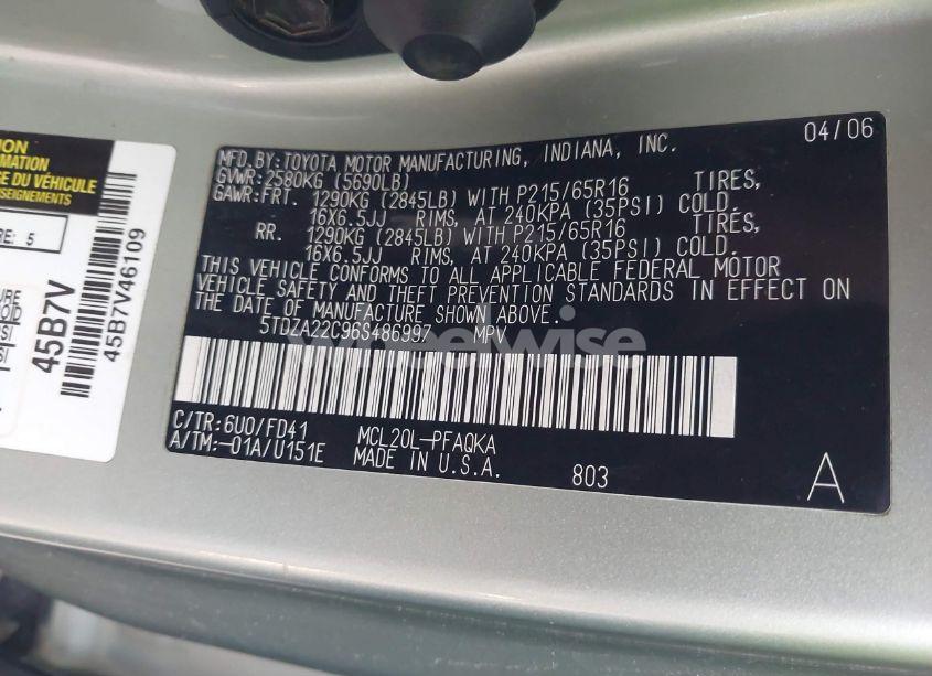 Photo 9 of 2006 Toyota Sienna XLE (VIN 5TDZA22C96S486997)