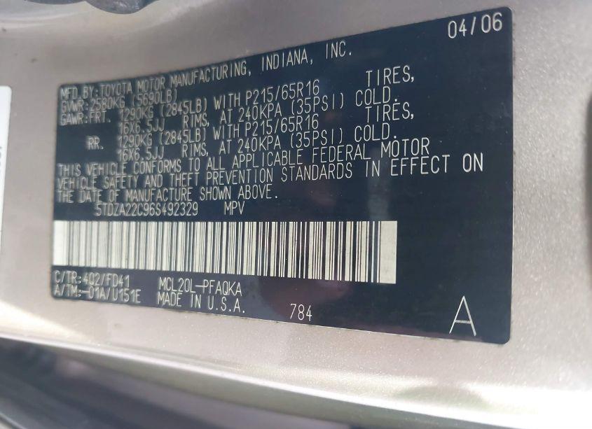 Photo 9 of 2006 Toyota Sienna XLE (VIN 5TDZA22C96S492329)