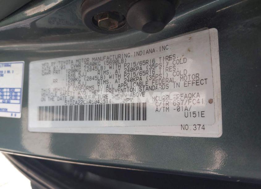 Photo 9 of 2004 Toyota Sienna XLE (VIN 5TDZA22CX4S043514)