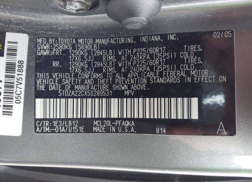 Photo 9 of 2005 Toyota Sienna XLE (VIN 5TDZA22CX5S289531)