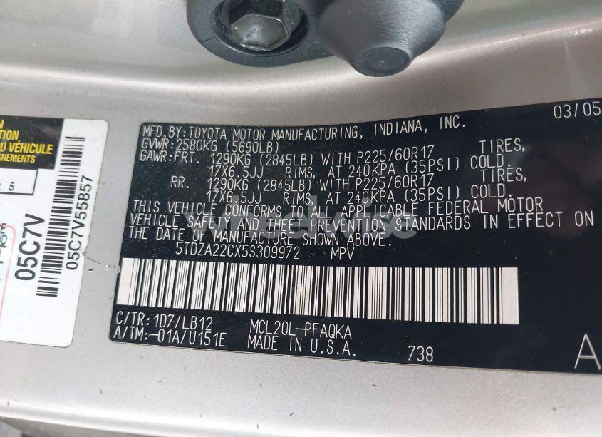 Photo 9 of 2005 Toyota Sienna XLE (VIN 5TDZA22CX5S309972)