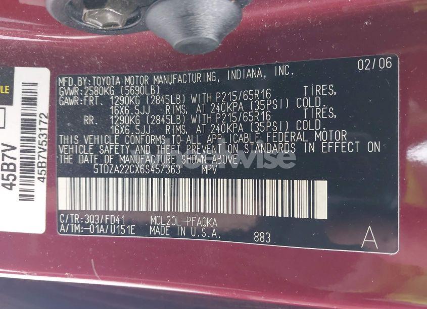 Photo 9 of 2006 Toyota Sienna XLE (VIN 5TDZA22CX6S457363)