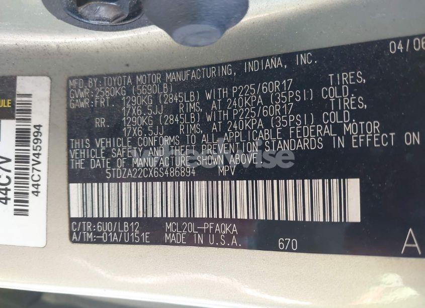 Photo 9 of 2006 Toyota Sienna XLE (VIN 5TDZA22CX6S486894)