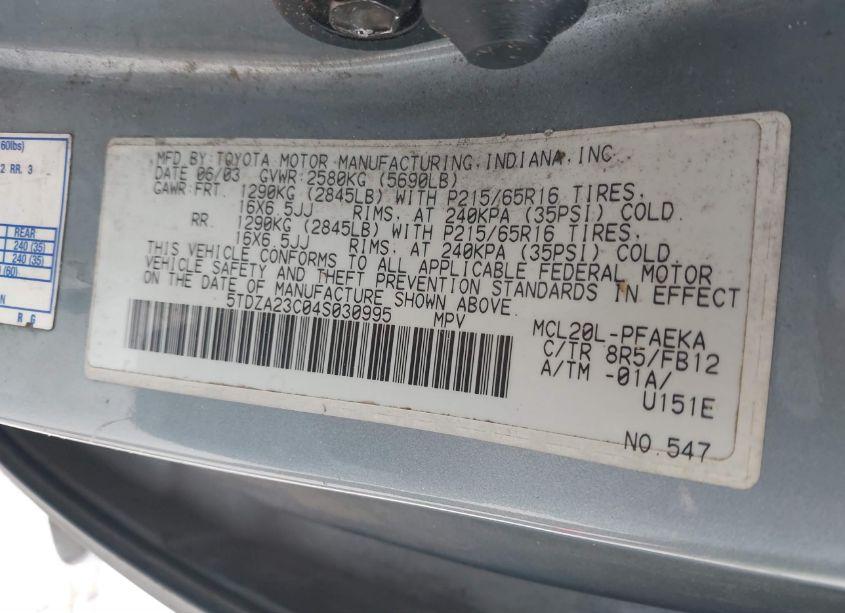 Photo 9 of 2004 Toyota Sienna LE (VIN 5TDZA23C04S030995)
