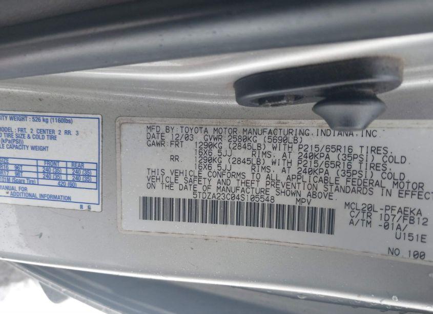 Photo 9 of 2004 Toyota Sienna LE (VIN 5TDZA23C04S105548)