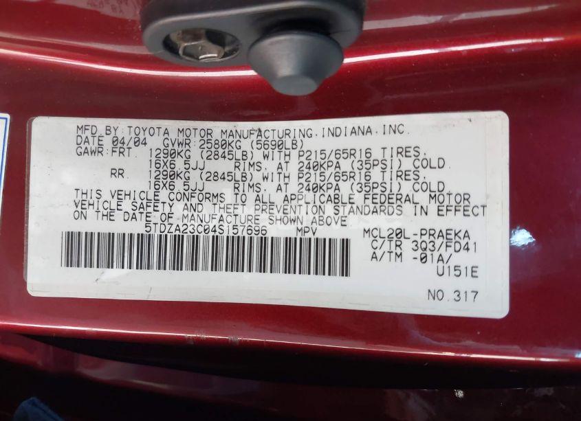 Photo 9 of 2004 Toyota Sienna CE (VIN 5TDZA23C04S157696)