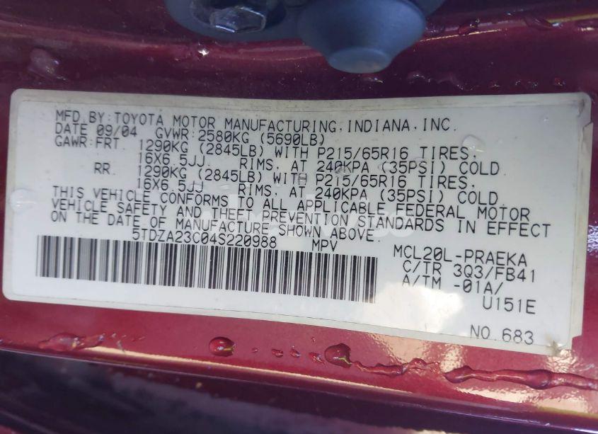 Photo 9 of 2004 Toyota Sienna LE (VIN 5TDZA23C04S220988)