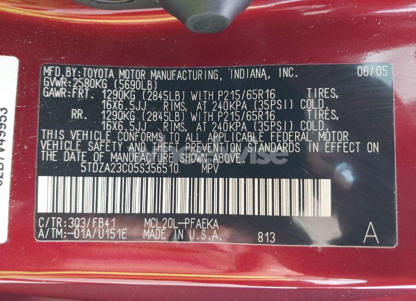 Photo 9 of 2005 Toyota Sienna LE (VIN 5TDZA23C05S356510)