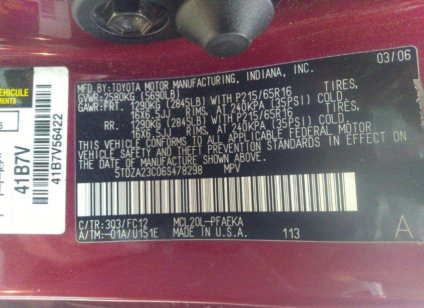 Photo 9 of 2006 Toyota Sienna LE (VIN 5TDZA23C06S478298)