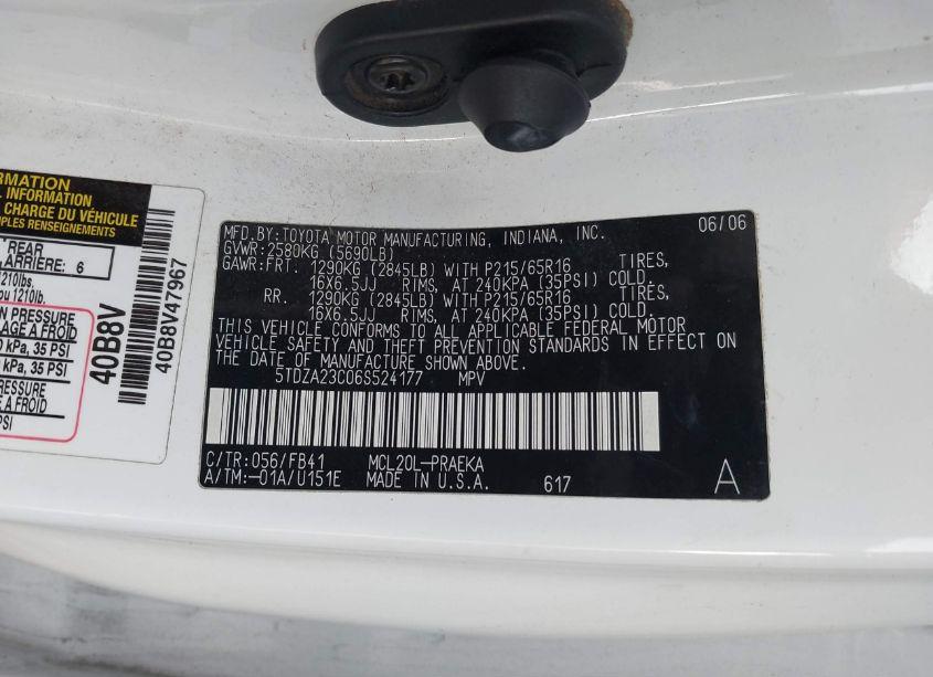 Photo 9 of 2006 Toyota Sienna CE (VIN 5TDZA23C06S524177)