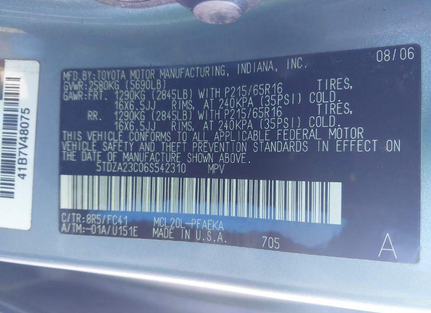 Photo 9 of 2006 Toyota Sienna LE (VIN 5TDZA23C06S542310)
