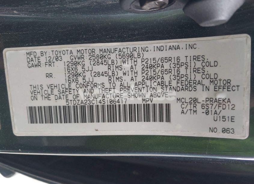 Photo 9 of 2004 Toyota Sienna CE (VIN 5TDZA23C14S106417)