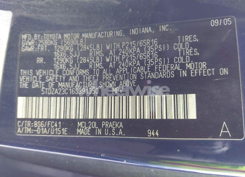 Photo 9 of 2006 Toyota Sienna LE (VIN 5TDZA23C16S391350)