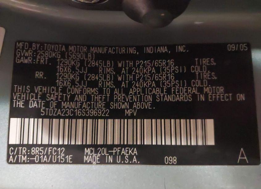 Photo 9 of 2006 Toyota Sienna LE (VIN 5TDZA23C16S396922)