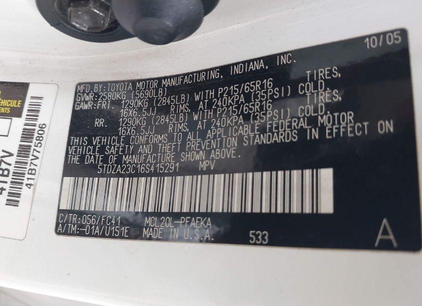 Photo 9 of 2006 Toyota Sienna LE (VIN 5TDZA23C16S415291)