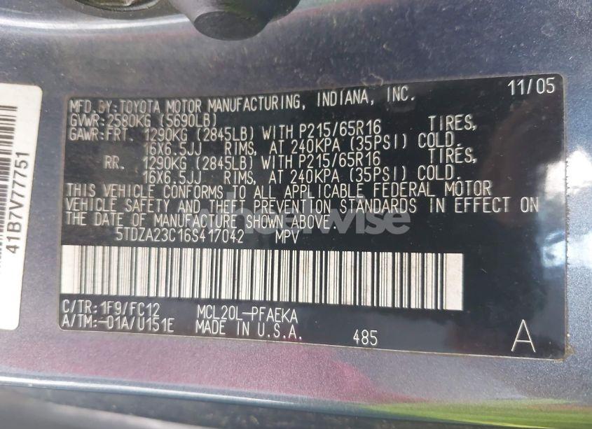 Photo 9 of 2006 Toyota Sienna LE (VIN 5TDZA23C16S417042)