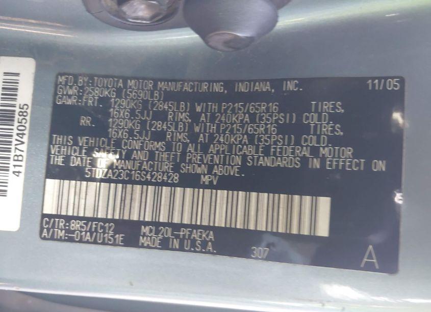 Photo 9 of 2006 Toyota Sienna LE (VIN 5TDZA23C16S428428)