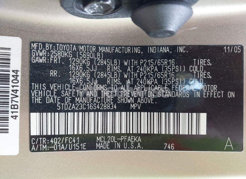 Photo 9 of 2006 Toyota Sienna LE (VIN 5TDZA23C16S428834)