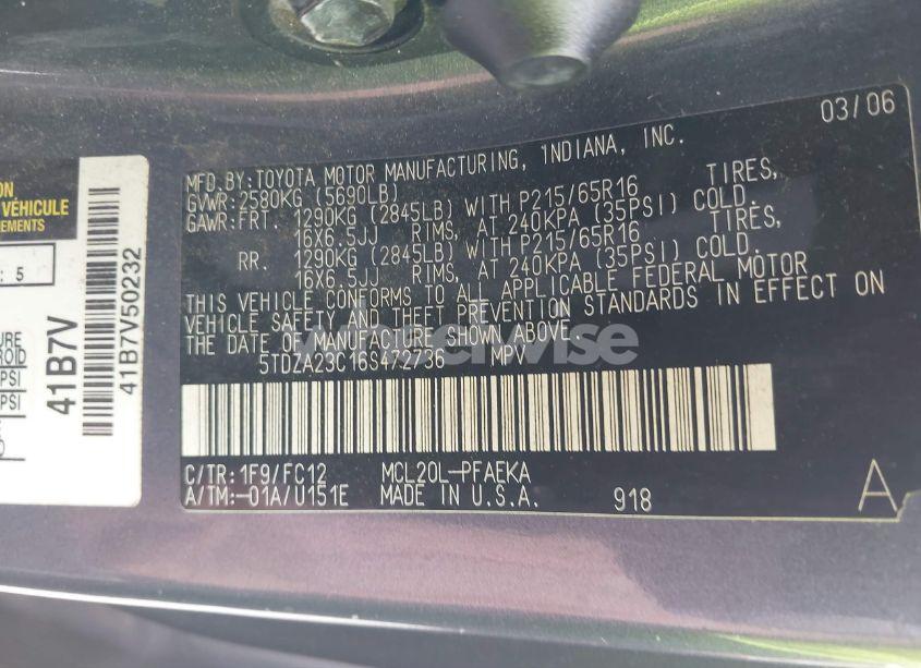 Photo 9 of 2006 Toyota Sienna LE (VIN 5TDZA23C16S472736)