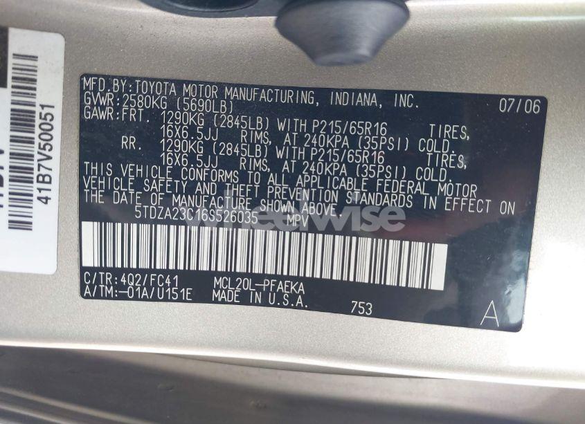Photo 9 of 2006 Toyota Sienna LE (VIN 5TDZA23C16S526035)