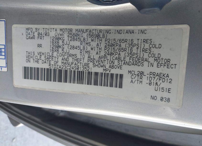 Photo 9 of 2004 Toyota Sienna CE (VIN 5TDZA23C24S013521)